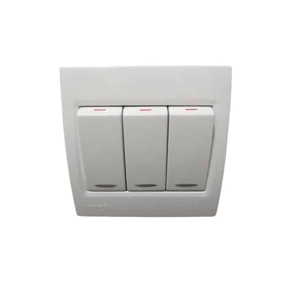 Siemens DELTA vega 10A 1 Way Switch (Complete Unit) - With Indicator, Snow White, 3 Gang